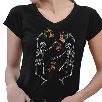 Skull Skeleton Dancing With Pumpkin Floral Women V-Neck T-Shirt - Monsterry AU