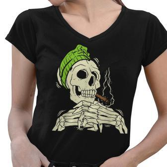 Smoking Skeleton Joint Weed Pot Cannabis Halloween Women V-Neck T-Shirt - Thegiftio UK