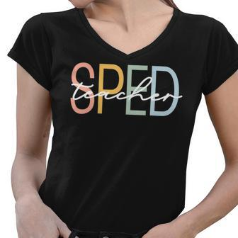 Special Education Teacher Sped Boho Rainbow Retro Women V-Neck T-Shirt - Seseable