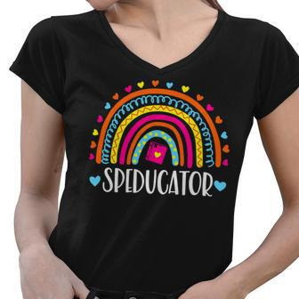 Speducator Rainbow Heart Special Education Teacher Sped Ed Women V-Neck T-Shirt - Seseable
