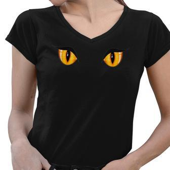 Spooky Creepy Ghost Black Cat Orange Eyes Halloween Women V-Neck T-Shirt - Seseable