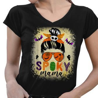 Spooky Mama Messy Skull Mom Scary Leopard Witch Halloween Women V-Neck T-Shirt - Seseable