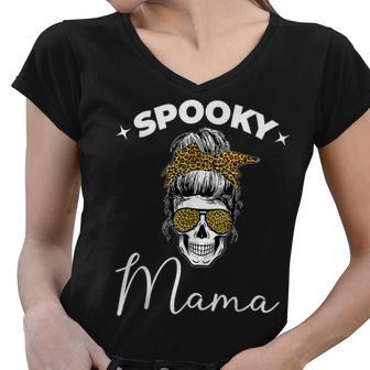 Spooky Mama Skull Messy Bun Glasses Leopard Halloween V2 Women V-Neck T-Shirt - Seseable