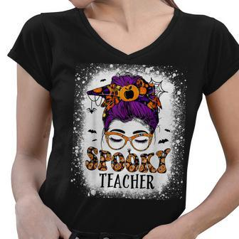 Spooky Teacher Womens Messy Bun Bleached Halloween Teachers Women V-Neck T-Shirt - Thegiftio UK
