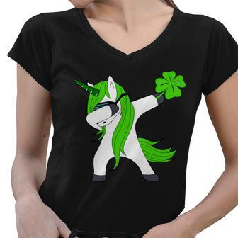 St Patricks Day Dabbing Irish Unicorn Graphic Design Printed Casual Daily Basic Women V-Neck T-Shirt - Thegiftio UK