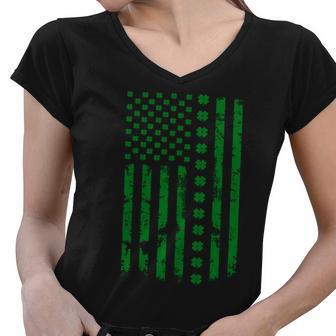 St Patricks Day Distressed American Flag Shamrock Women V-Neck T-Shirt - Monsterry