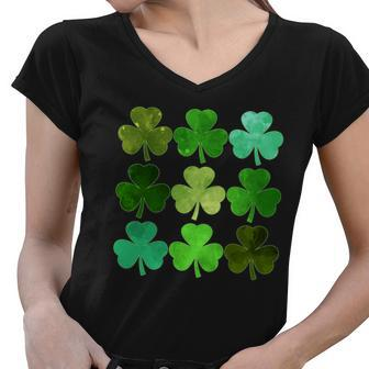 St Patricks Day Lucky Watercolor Shamrocks Women V-Neck T-Shirt - Monsterry DE