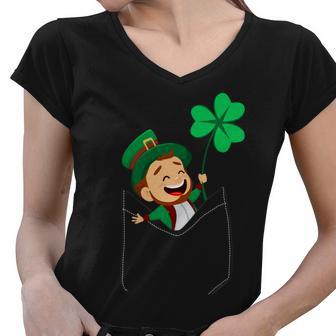 St Patricks Day Pocket Leprechaun Clover Women V-Neck T-Shirt - Monsterry DE