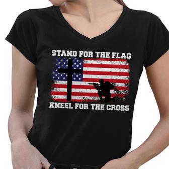 Stand For The Flag Kneel For The Cross Usa Army Tshirt Women V-Neck T-Shirt - Monsterry DE