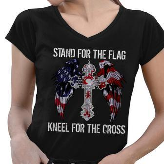 Stand For The Flag Kneel For The Cross Usa National Anthem Women V-Neck T-Shirt - Monsterry DE