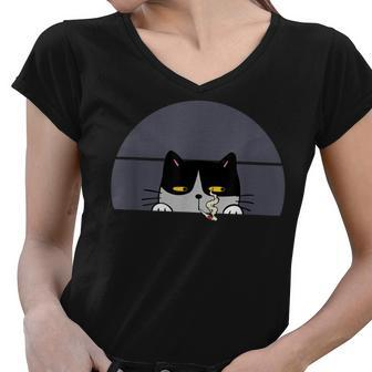 Stoned Black Cat Smoking And Peeking Sideways With Cannabis Women V-Neck T-Shirt - Seseable