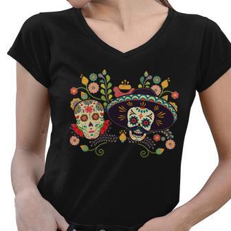 Sugar Skulls Day Of The Dead Women V-Neck T-Shirt - Monsterry