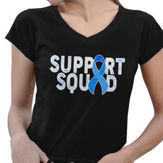 Support Squad Colon Cancer Awareness Blue Ribbon Women V-Neck T-Shirt - Monsterry