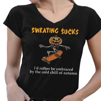 Sweating Sucks Skeleton Pumpkin Playing Skateboard Halloween Women V-Neck T-Shirt - Seseable