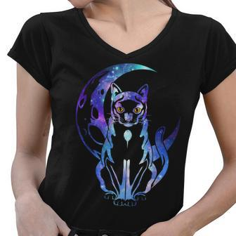 Tarot Card Crescent Moon And Mystical Cat Halloween V2 Women V-Neck T-Shirt - Thegiftio UK