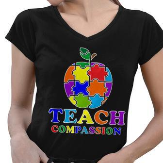 Teach Compassion Autism Awareness Teacher Apple Puzzle Women V-Neck T-Shirt - Monsterry
