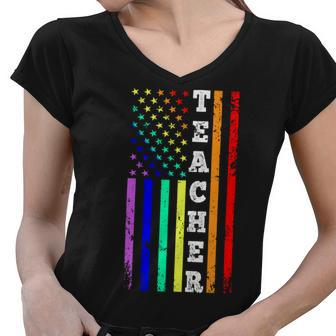Teacher American Gay Pride Flag Women V-Neck T-Shirt - Seseable