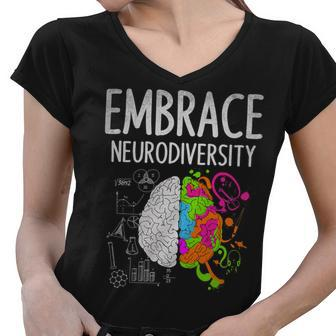 Teacher April Autism Awareness Embrace Neurodiversity Brain Women V-Neck T-Shirt - Seseable
