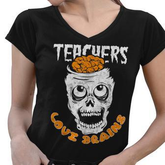 Teacher Loves Brain Halloween Student Trick Or Treat Women V-Neck T-Shirt - Seseable