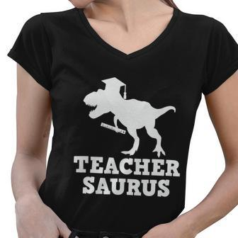 Teacher Saurus Dinosaur Trex Fun Teacher Graphic Plus Size Shirt For Teacher Women V-Neck T-Shirt - Monsterry AU
