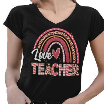 Teacher With Funny Leopard Rainbow Teachers Day Women V-Neck T-Shirt - Seseable