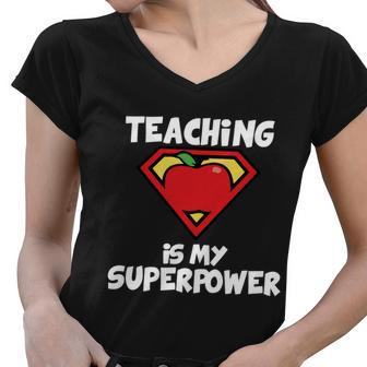 Teaching Is My Superpower Apple Crest Women V-Neck T-Shirt - Monsterry AU