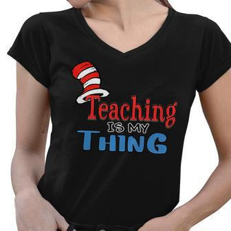 Teaching Is My Things Dr Teacher Red And White Stripe Hat Women V-Neck T-Shirt - Seseable