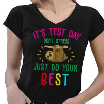 Test Day Sloth Funny School Professor Teacher Testing Squad Women V-Neck T-Shirt - Seseable