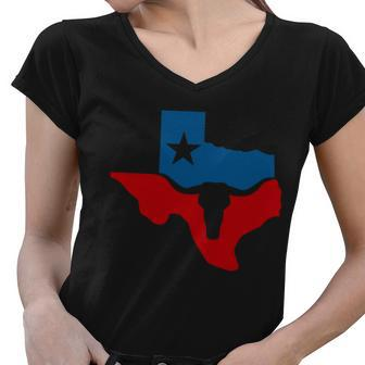 Texas Flag Longhorn Logo Women V-Neck T-Shirt - Monsterry