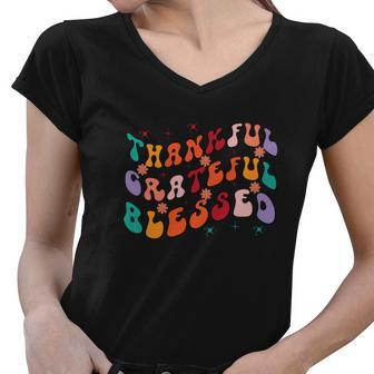 Thankful Grateful Blessed Fall Glitter Gift Women V-Neck T-Shirt - Seseable