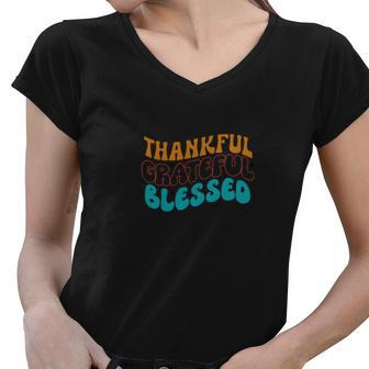 Thankful Grateful Blessed Retro Vintage Fall Women V-Neck T-Shirt - Seseable