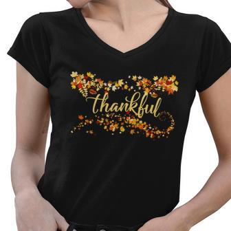 Thankful Thanksgiving Fall Autumn Leaves Tshirt Women V-Neck T-Shirt - Monsterry AU