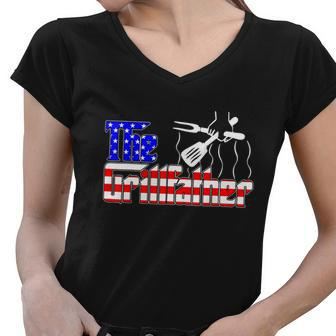 The Grillfather 4Th Of July Funny Grilling Bbq American Dad Women V-Neck T-Shirt - Monsterry