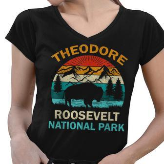 Theodore Roosevelt National Park North Dakota Buffalo Retro Women V-Neck T-Shirt - Seseable