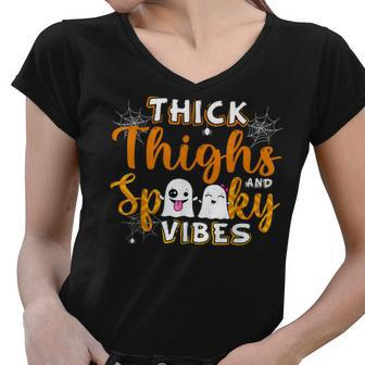 Thick Thighs And Spooky Vibes Ghost Boo Girls Boys Halloween Women V-Neck T-Shirt - Seseable