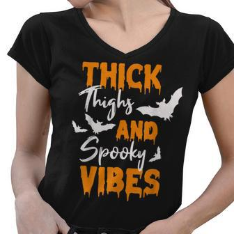 Thick Thighs And Spooky Vibes Spooky Vibes Halloween Women V-Neck T-Shirt - Seseable