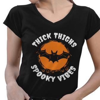 Thick Thighs Spooky Vibes Bat Halloween Quote Women V-Neck T-Shirt - Monsterry