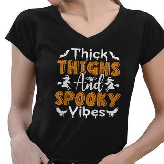 Thick Thights And Spooky Vibes Witch Broom Halloween Women V-Neck T-Shirt - Seseable