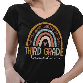 Third Grade Teacher Teach Love Inspire Boho Rainbow Women V-Neck T-Shirt - Seseable