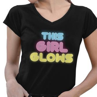 This Girl Glows Retro Neon Party Tshirt Women V-Neck T-Shirt - Monsterry AU