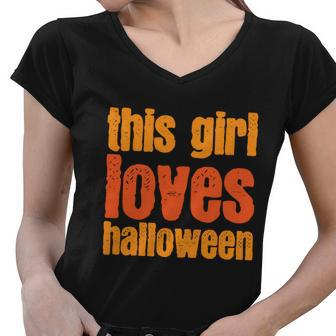 This Girl Loves Halloween Funny Halloween Quote Women V-Neck T-Shirt - Monsterry UK