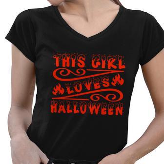 This Girl Loves Halloween Funny Halloween Quote Women V-Neck T-Shirt - Monsterry UK