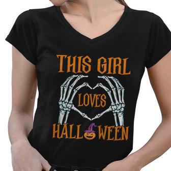 This Girl Loves Halloween Pumpkin Witch Hat Halloween Quote Women V-Neck T-Shirt - Monsterry UK