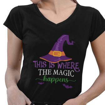 This Is Where The Magic Happens Witch Hat Halloween Quote Women V-Neck T-Shirt - Monsterry