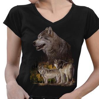 Three Wolf Collage Tshirt Women V-Neck T-Shirt - Monsterry DE