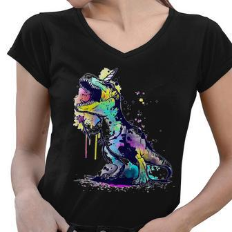 Tie Dye Colorful Trex Dinosaur Women V-Neck T-Shirt - Monsterry CA