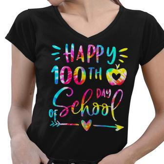 Tie Dye Happy 100Th Day Of School Teacher Student 100 Days V2 Women V-Neck T-Shirt - Seseable