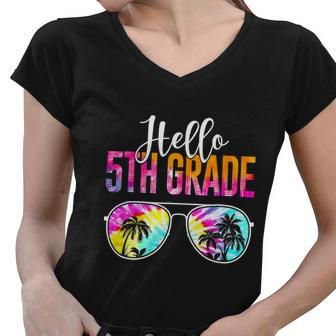 Tie Dye Hello 5Th Grade Teacher First Day Of School Funny Women V-Neck T-Shirt - Monsterry