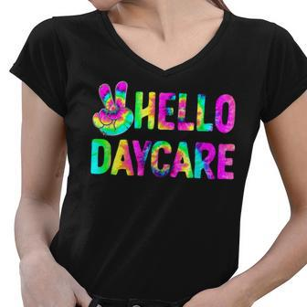 Tie Dye Hello Daycare Back To School Teachers Kids Women V-Neck T-Shirt - Seseable
