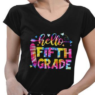 Tie Dye Hello Fifth Grade Teacher Student Back To School Women V-Neck T-Shirt - Monsterry